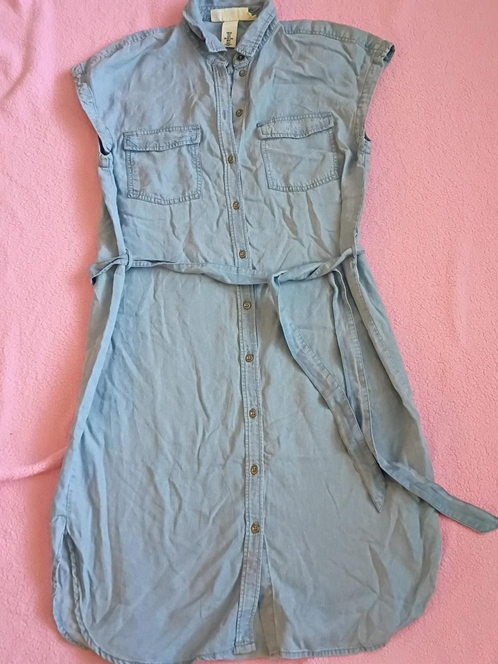 H&M Light Blue Denim Midi Shirt Dress with Waist Tie